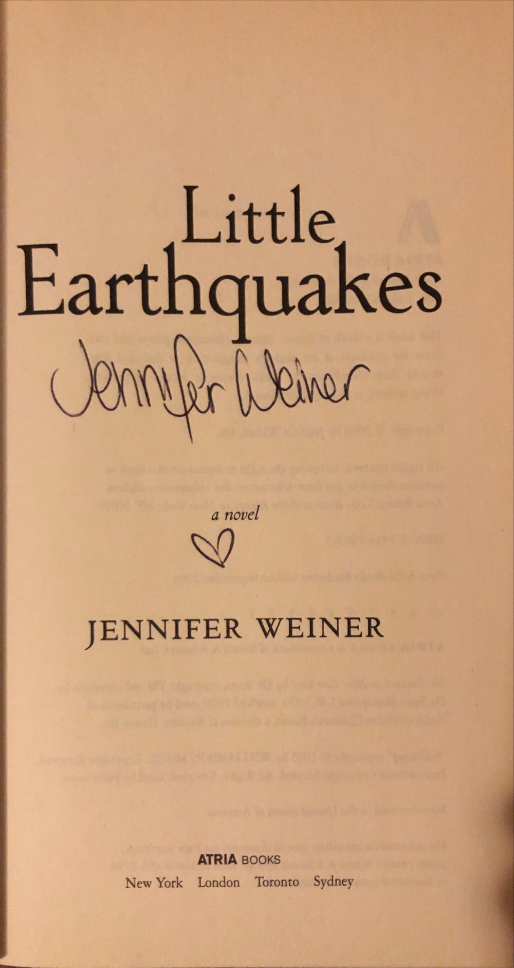 Little Earthquakes - Jennifer Weiner (Atria - Hardcover) book collectible [Barcode 9780743470094] - Main Image 2