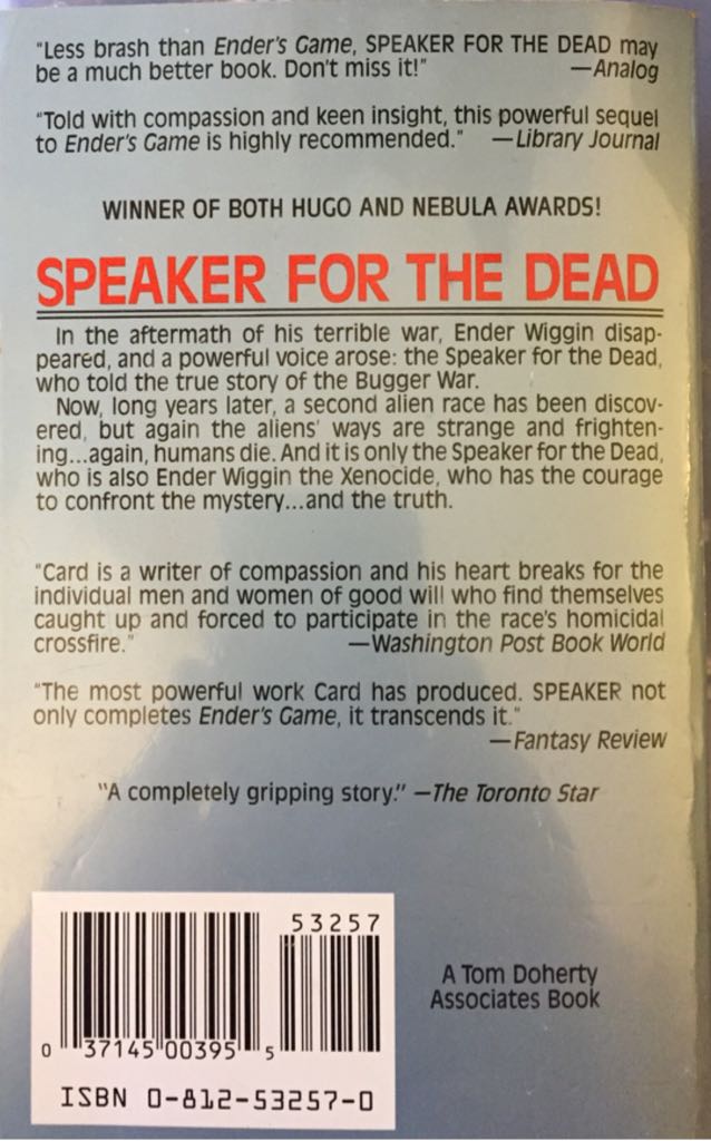 Speaker For The Dead - Orson Scott Card (Tor Science Fiction - Paperback) book collectible [Barcode 9780812532579] - Main Image 2