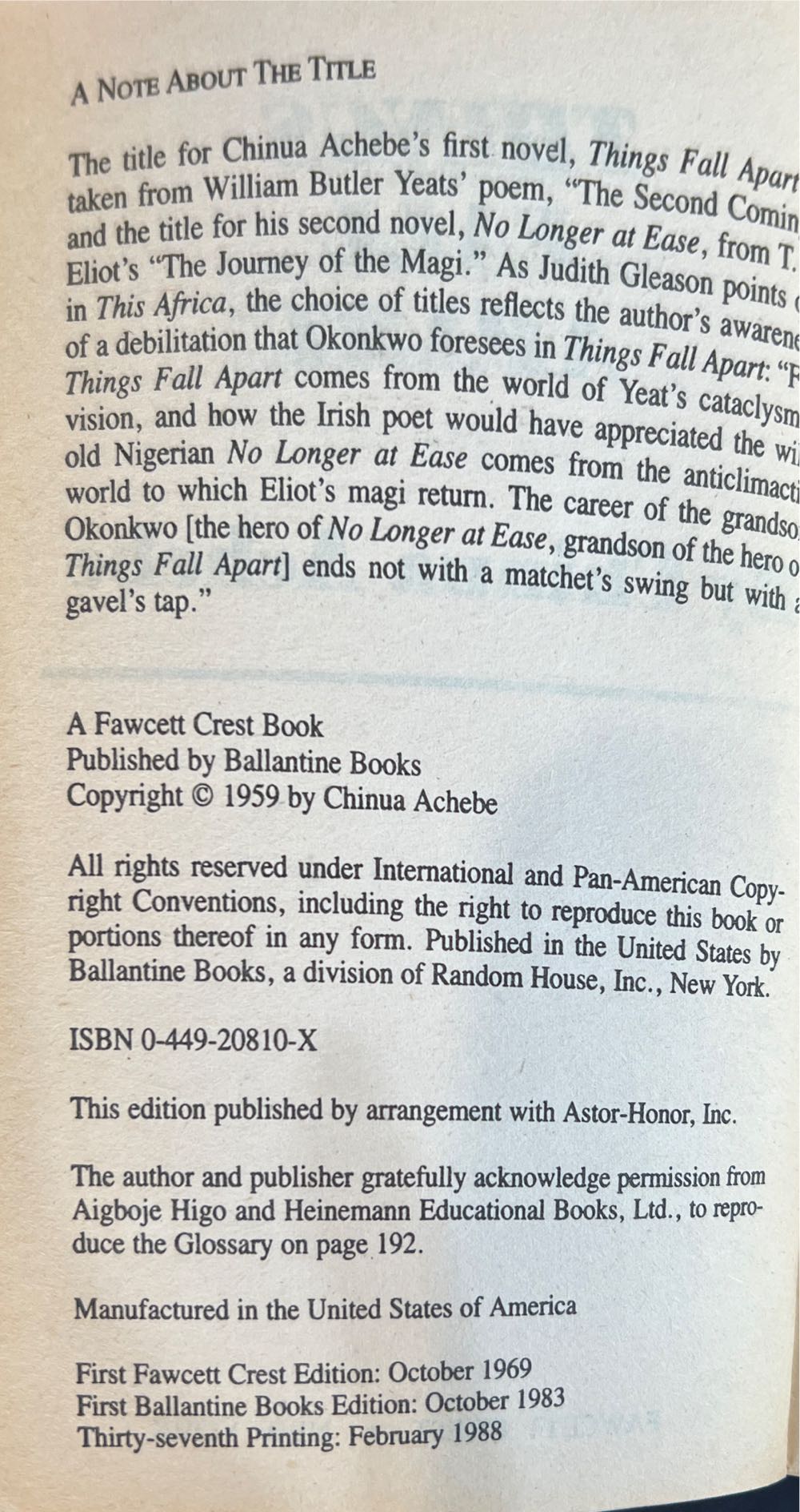 Things Fall Apart - Chinua Achebe (Fawcett Books - Paperback) book collectible [Barcode 9780449208106] - Main Image 3