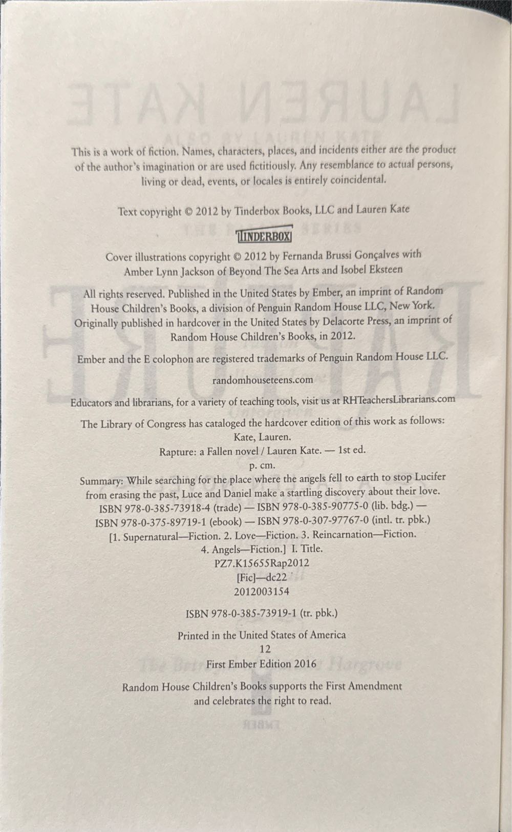 Rapture - Lauren Kate (Delacorte Press - Paperback) book collectible [Barcode 9780385739191] - Main Image 3