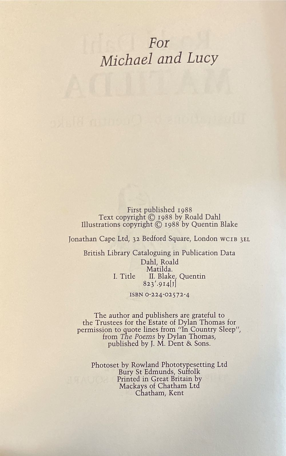 Matilda - Roald Dahl (Jonathan Cape - Hardcover) book collectible [Barcode 9780670824397] - Main Image 2