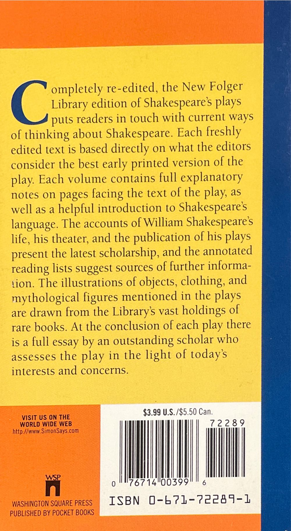 The Taming Of The Shrew - William Shakespeare (Folger Shakespeare Library - Paperback) book collectible [Barcode 9780671722890] - Main Image 2