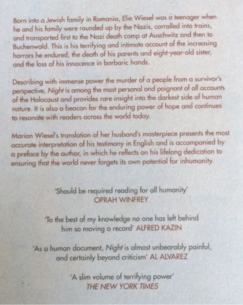 Night - Elie Wiesel (Penguin Books - Trade Paperback) book collectible [Barcode 9780141038995] - Main Image 2
