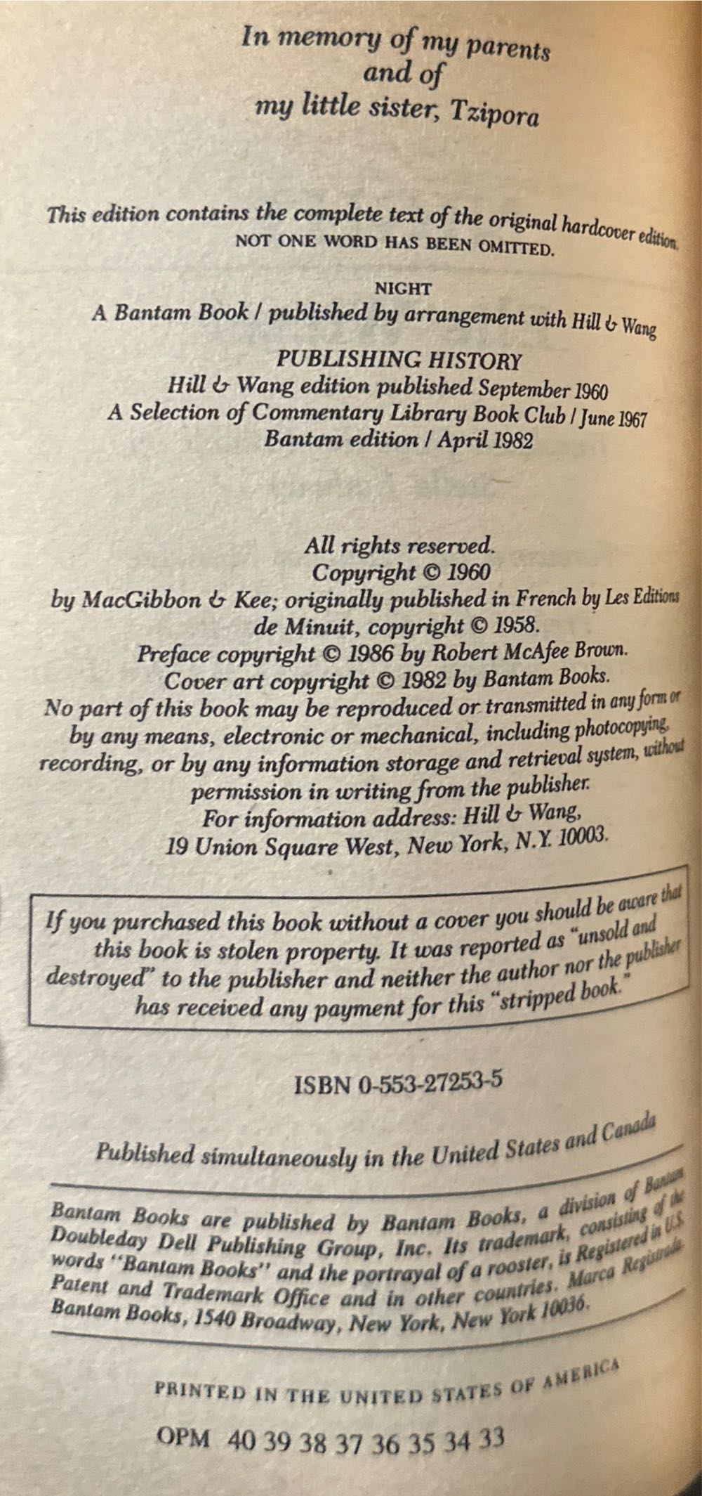 Night - Eli Wiesel (A Bantam Book - Paperback) book collectible [Barcode 9780553272536] - Main Image 3