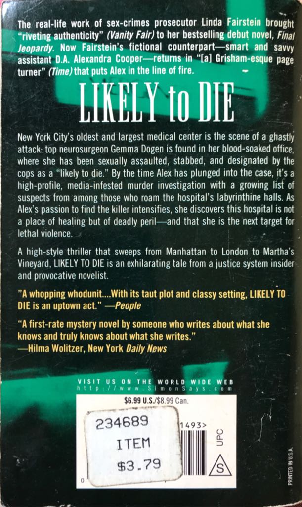 Likely to Die - Linda Fairstein (Pocket Books - Paperback) book collectible [Barcode 9780671014933] - Main Image 2