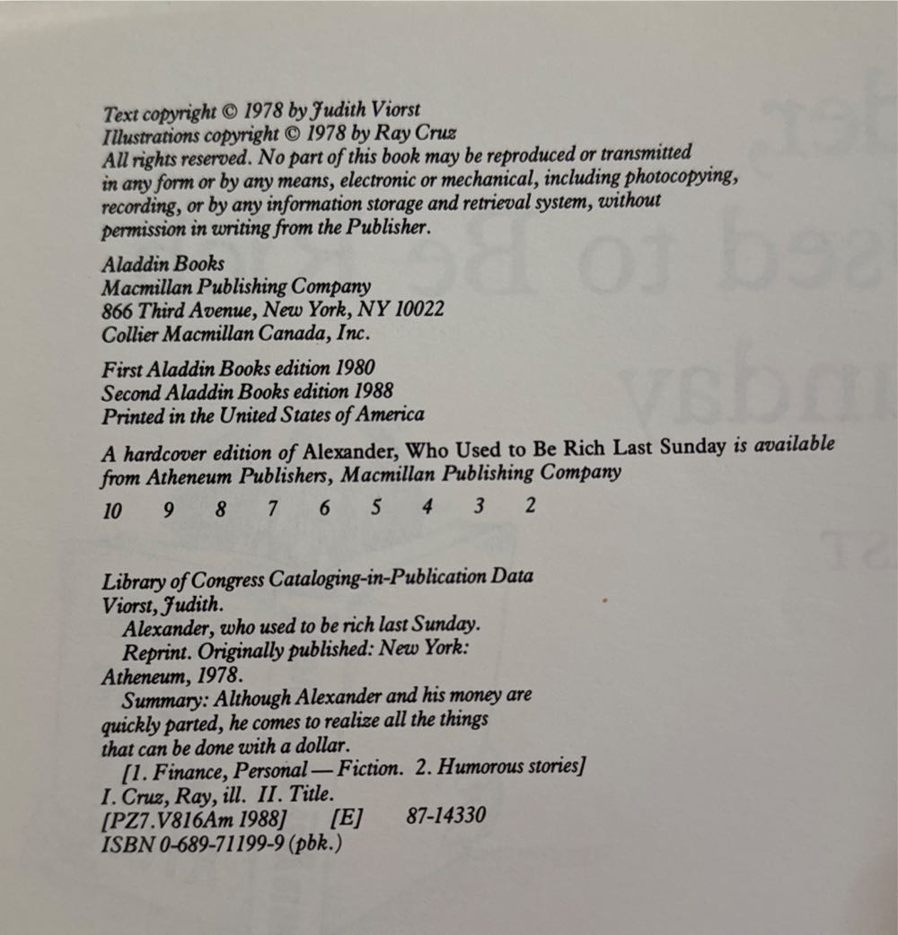 Alexander, Who Used To Be Rich Last Sunday - Judith Viorst (Aladdin Books Ltd - Paperback) book collectible [Barcode 9780689711992] - Main Image 3