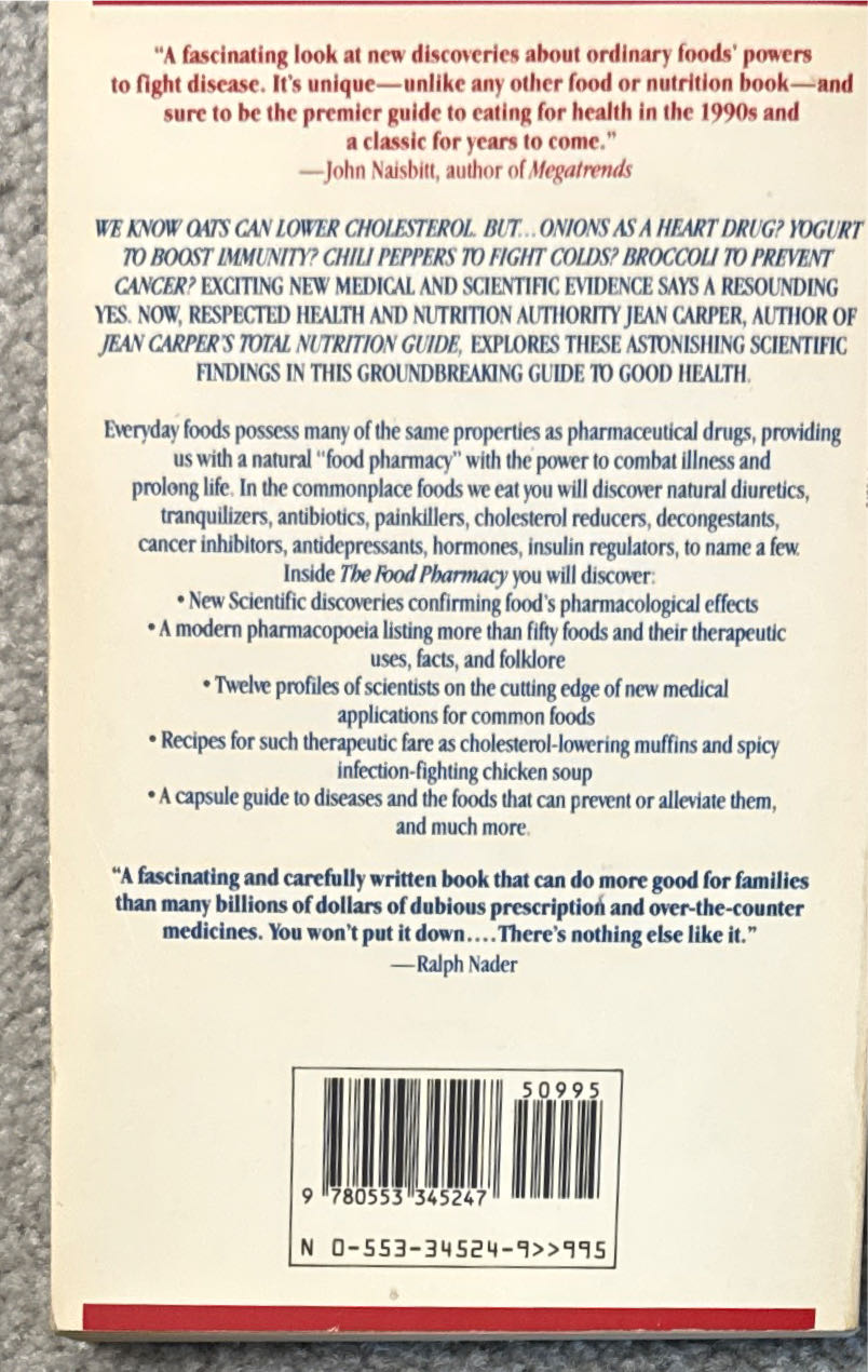 The Food Pharmacy - Jean Carper (Bantam Dell Publishing Group - Paperback) book collectible [Barcode 9780553345247] - Main Image 2