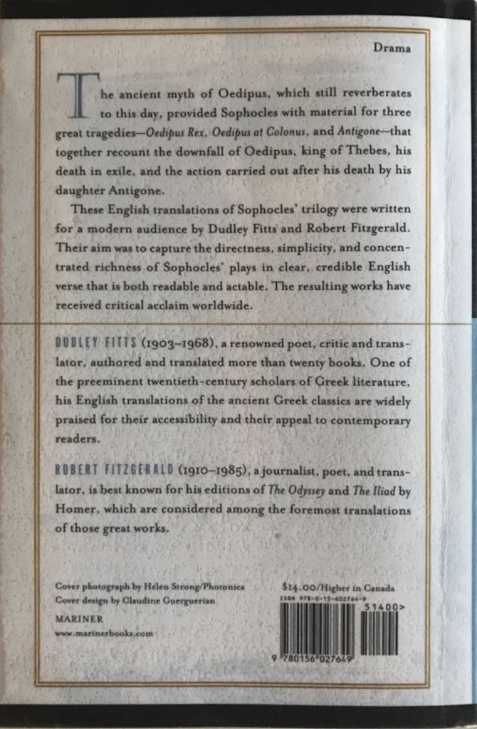 The Oedipus Cycle - Sophocles (Mariner Books - Paperback) book collectible [Barcode 9780156027649] - Main Image 2