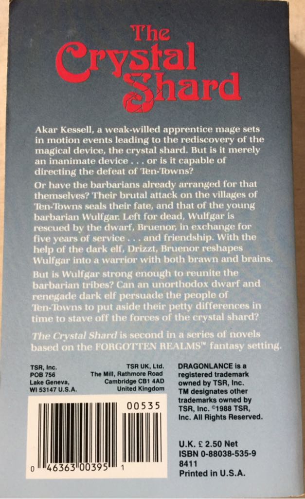 DID 01 Crystal Shard, The - R. A. Salvatore (TSR, Inc. - Paperback) book collectible [Barcode 9780880385350] - Main Image 2