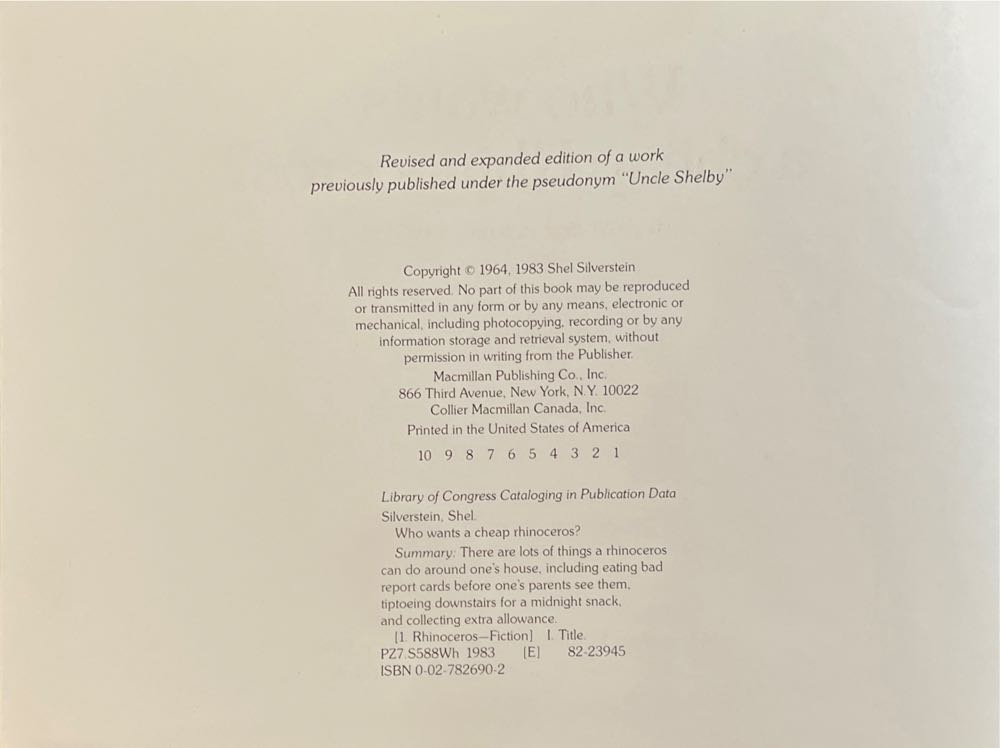 Who Wants A Cheap Rhinoceros? - Shel Silverstein (Macmillan Company - Hardcover) book collectible [Barcode 9780027826906] - Main Image 2