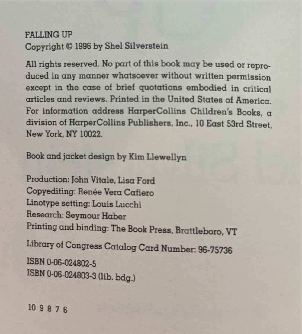 Silverstein, Shel - Falling Up - Shel Silverstein (Harper Collins - Hardcover) book collectible [Barcode 9780060248024] - Main Image 3