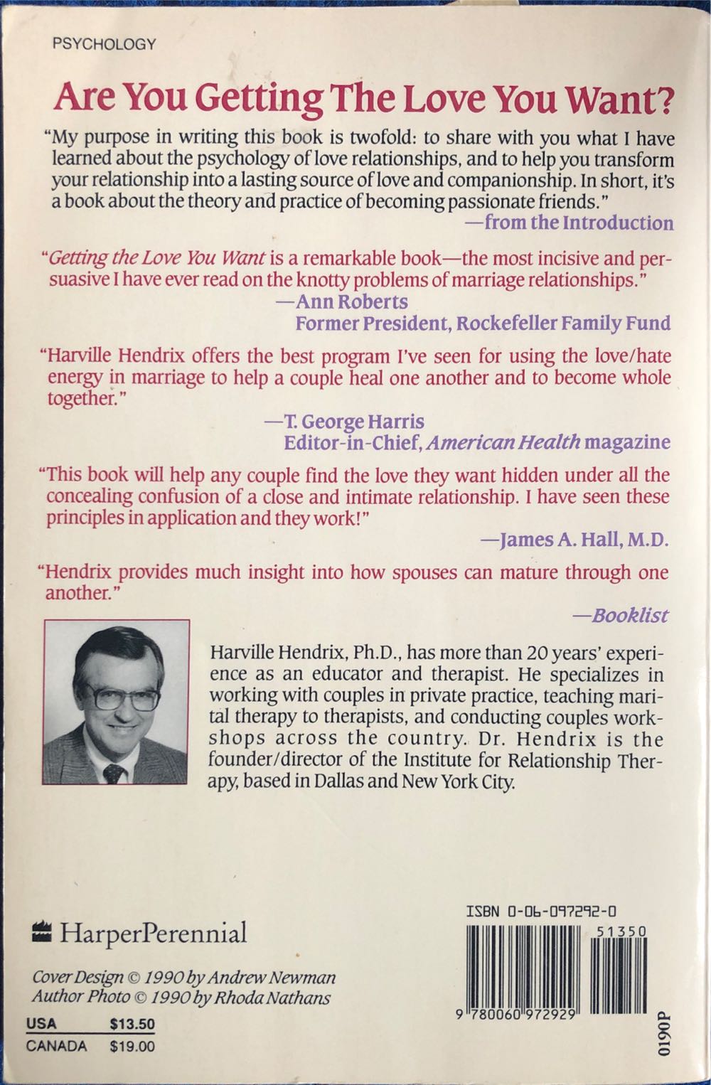 Getting The Love You Want - Harville M.D Hendrix (Harper Perennial - Paperback) book collectible [Barcode 9780060972929] - Main Image 2