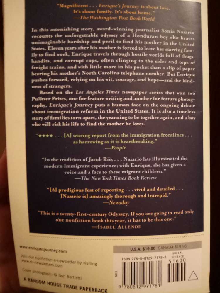 Enrique’s Journey: The Story of a Boy’s Dangerous Odyssey to Reunite with His Mother - Nazario, Sonia (Random House - Trade Paperback) book collectible [Barcode 9780812971781] - Main Image 4