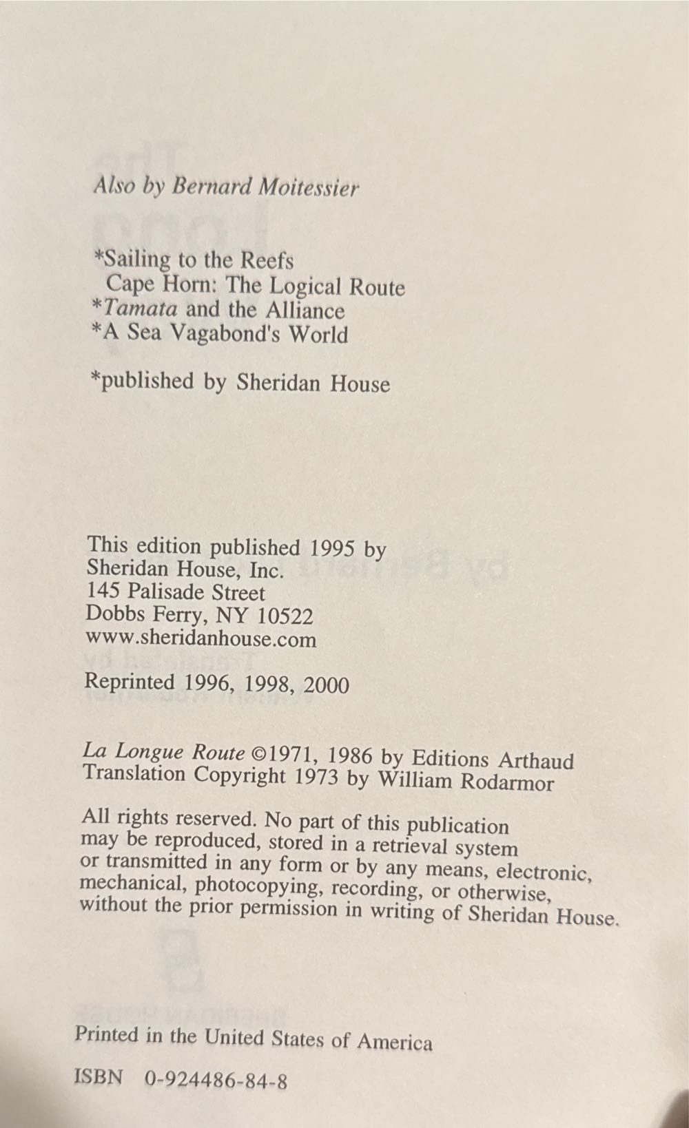 Long Way, The - Bernard Moitessier (Sheridan House Inc - Paperback) book collectible [Barcode 9780924486845] - Main Image 2