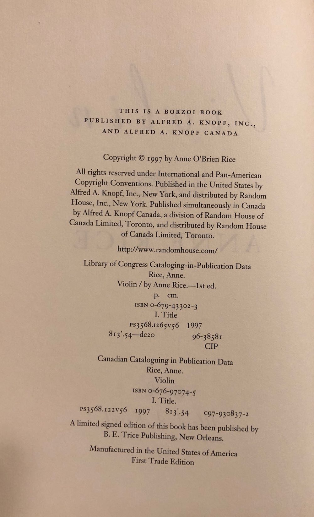 Violin - Anne Rice (Alfred a Knopf Inc - Hardcover) book collectible [Barcode 9780679433026] - Main Image 3