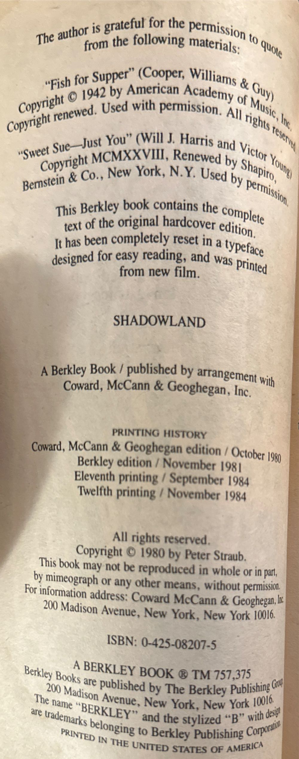 Shadowland - Peter Straub (Berkley - Paperback) book collectible [Barcode 9780425082072] - Main Image 3