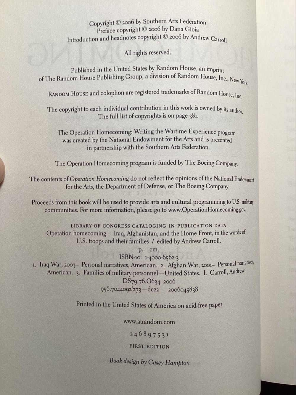 Operation Homecoming Iraq, Afghanistan, and the Home Front, in the Words of U.S. Troops and Their Families - Andrew Carroll (A Random House - Hardcover) book collectible [Barcode 9781400065622] - Main Image 2