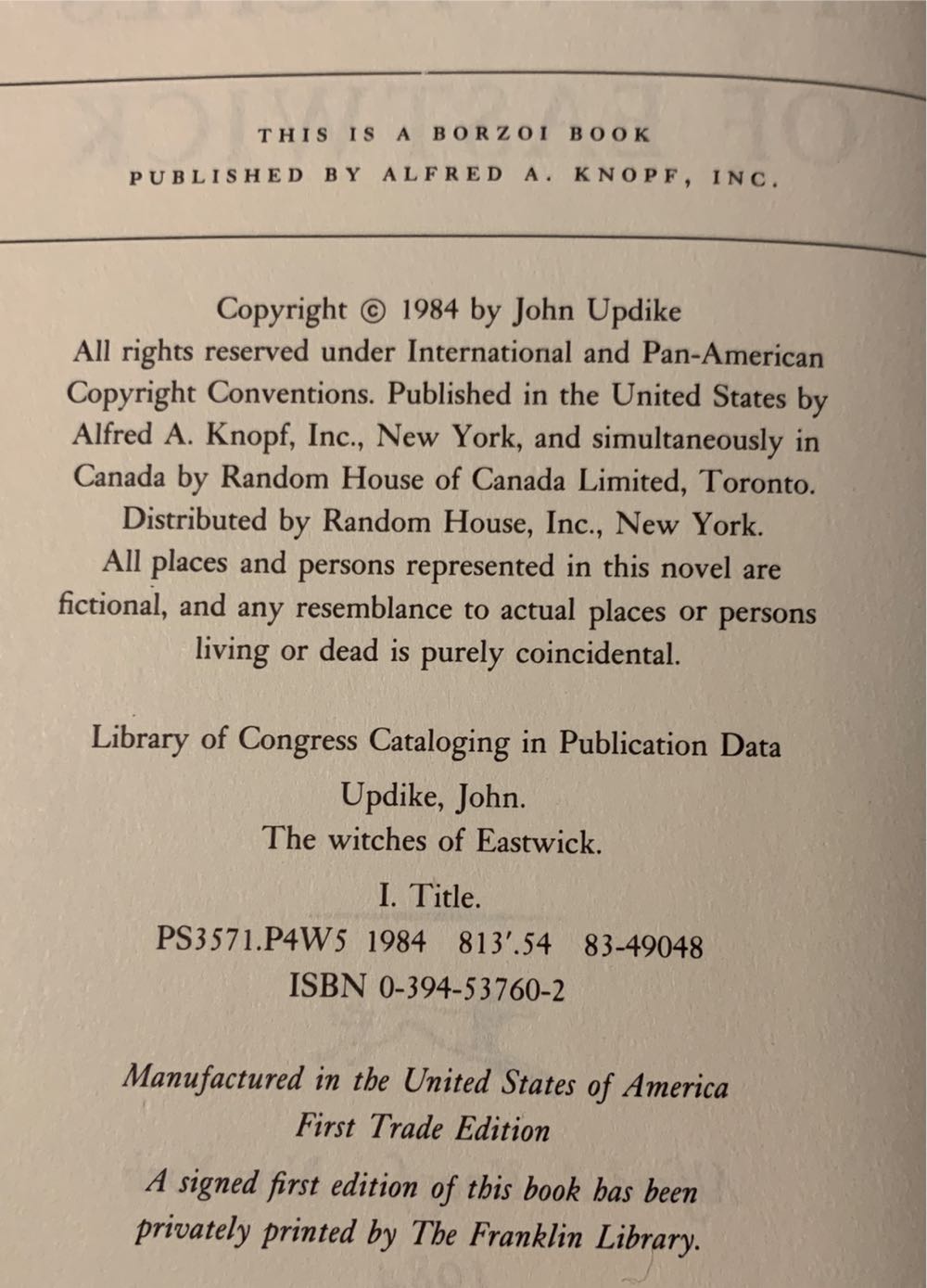 The Witches Of Eastwick - John Updike (Alfred A Knoff, Inc. - Hardcover) book collectible [Barcode 9780394537603] - Main Image 2
