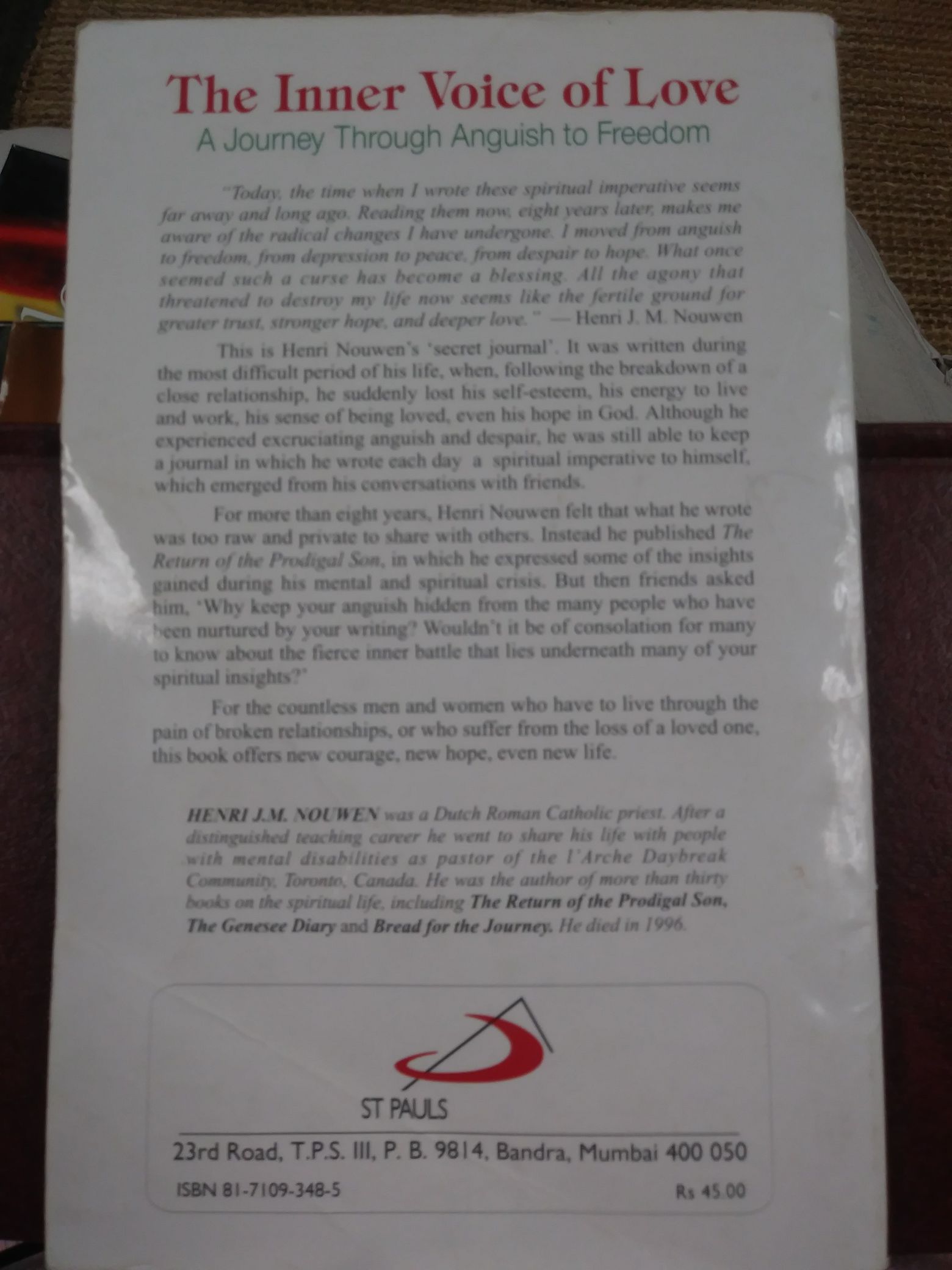 The Inner Voice Of Love - J.M. Nouwen (St Pauls BYB) book collectible [Barcode 9788171093489] - Main Image 2