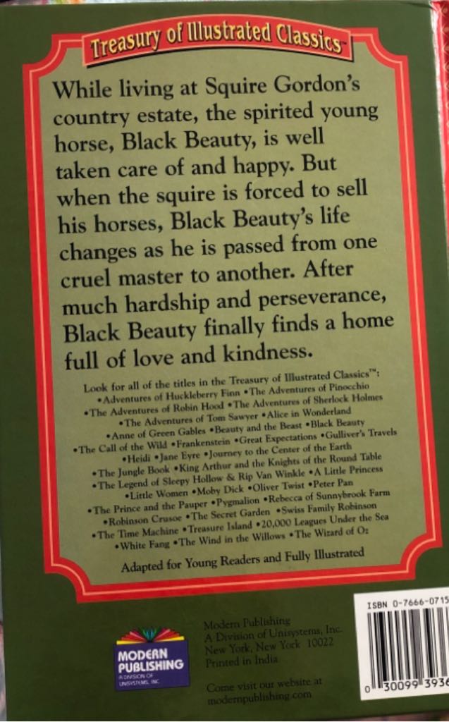 Treasury of Illustrated Classics: Black Beauty - Anna Sewell (Modern Publishing - Hardcover) book collectible [Barcode 9780766607156] - Main Image 2