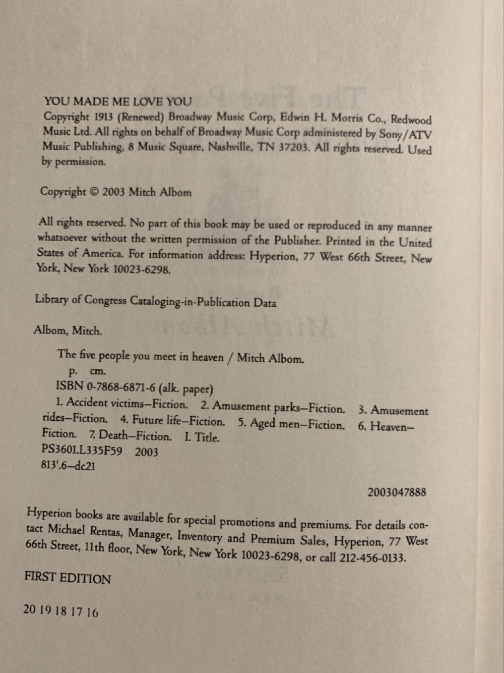 The Five People You Meet in Heaven - Mitch Albom (Hachette Books - Hardcover) book collectible [Barcode 9780786868711] - Main Image 3