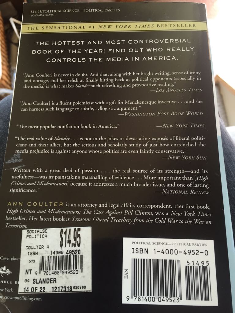 Slander - Ann Coulter (Three Rivers Press - Trade Paperback) book collectible [Barcode 9781400049523] - Main Image 2