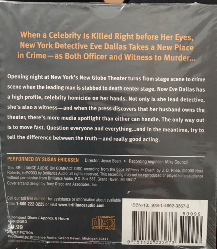 Witness In Death 10 - JD Robb (Brilliance Audio - Audiobook) book collectible [Barcode 9781469233673] - Main Image 2