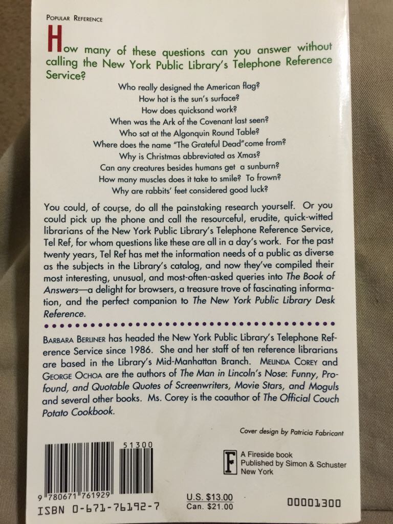 Book of Answers: The New York Public Library Telephone Reference Service’s Most Unusual and Enter - Barbara Berliner (Fireside - Paperback) book collectible [Barcode 9780671761929] - Main Image 2