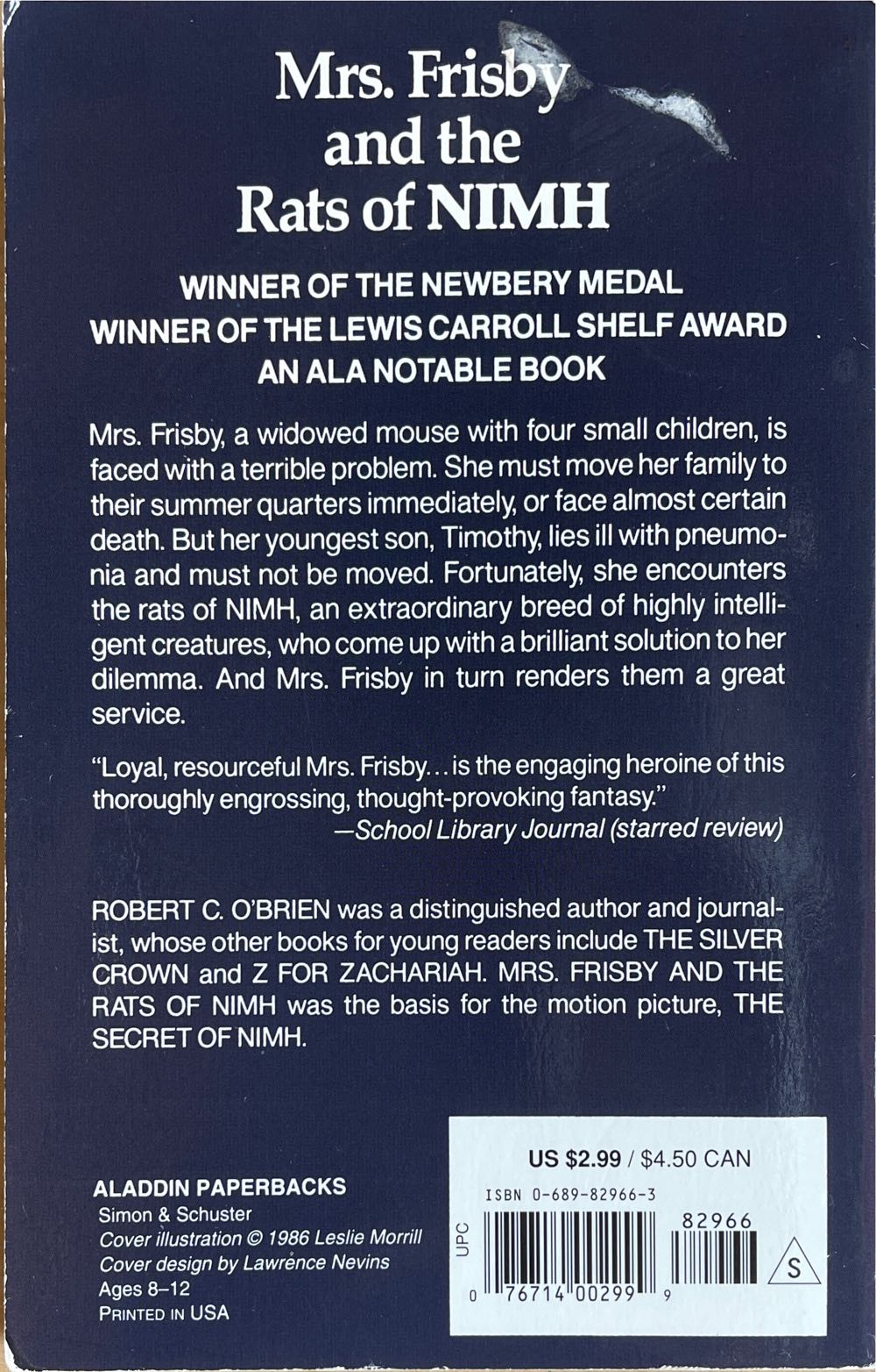 Mrs. Frisby And The Rats Of Nimh   Newbery Promo ’99 - Robert C. O’Brien (Simon & Schuster - Paperback) book collectible [Barcode 9780689829666] - Main Image 2