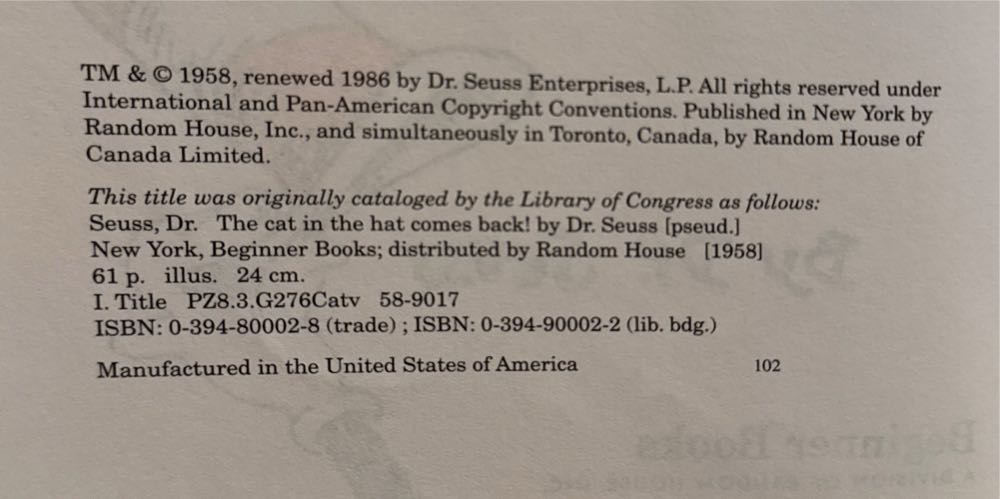 Dr. Seuss: The Cat In The Hat Comes Bac - Dr. Seuss (Random House - Hardcover) book collectible [Barcode 9780394800028] - Main Image 3