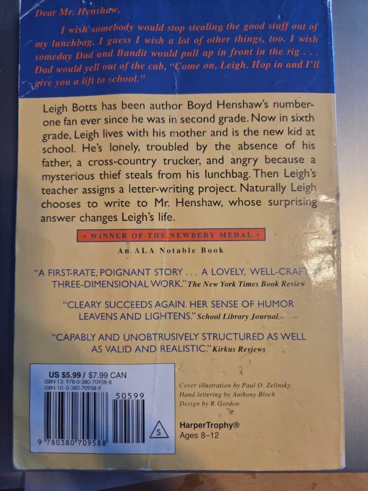 Dear Mr. Henshaw - Beverly Cleary (Avon Camelot - Paperback) book collectible [Barcode 9780380709588] - Main Image 2