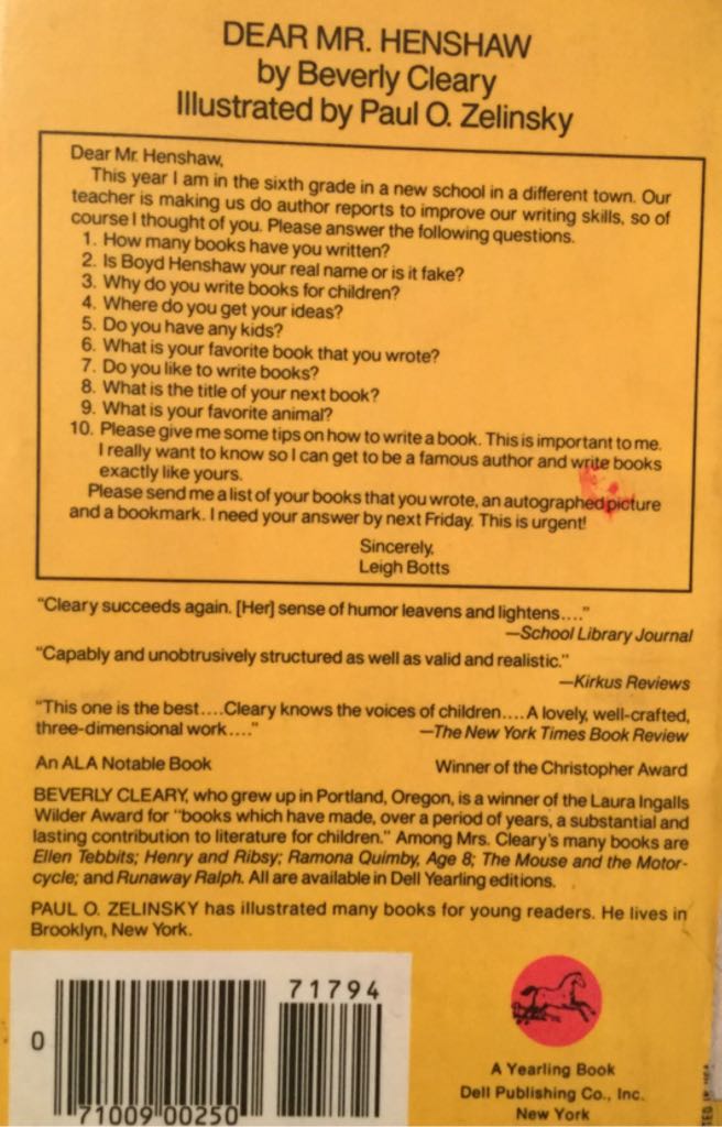 Dear Mr. Henshaw - Beverly Cleary (Dell Yearling Book - Paperback) book collectible [Barcode 9780440717942] - Main Image 2