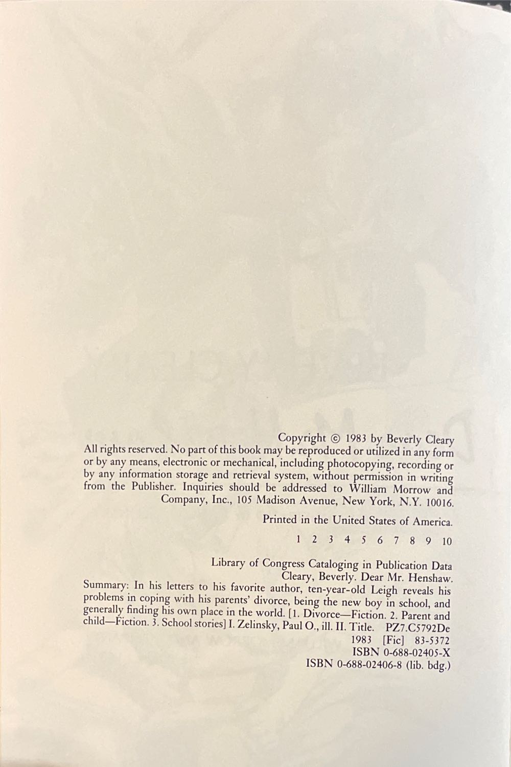 Dear Mr. Henshaw - Beverly Cleary (William Morrow and Company, Inc.  - Hardcover) book collectible [Barcode 9780688024055] - Main Image 2