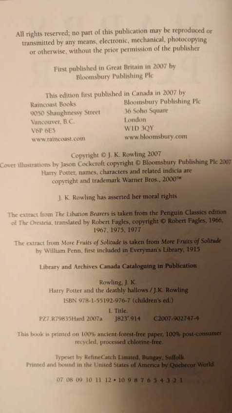 Harry Potter and the Deathly Hallows - J.K. Rowling (Raintree - Hardcover) book collectible [Barcode 9781551929767] - Main Image 3