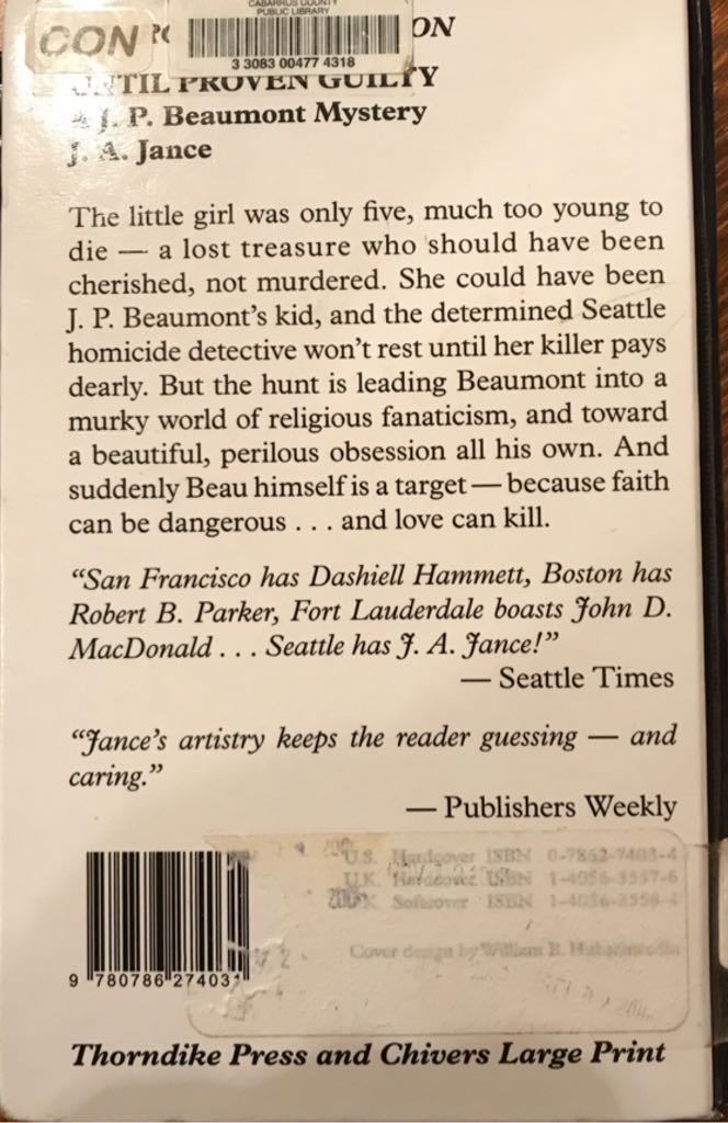 Until Proven Guilty - J A Jance (Thorndike Press) book collectible [Barcode 9780786274031] - Main Image 2