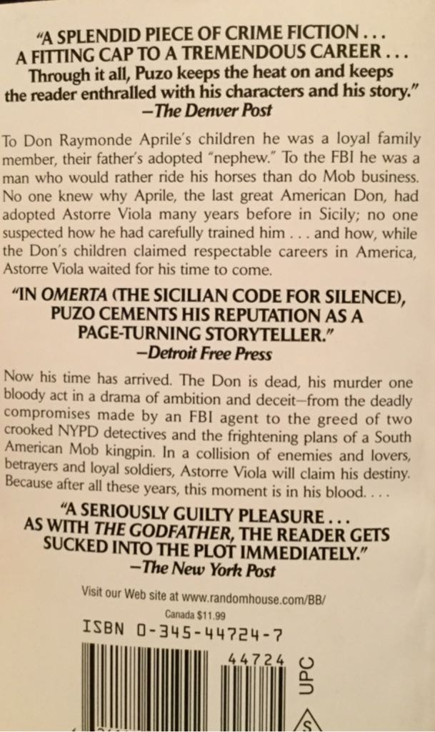 Omerta - Mario Puzo (Ballantine Books) book collectible [Barcode 9780345447241] - Main Image 2