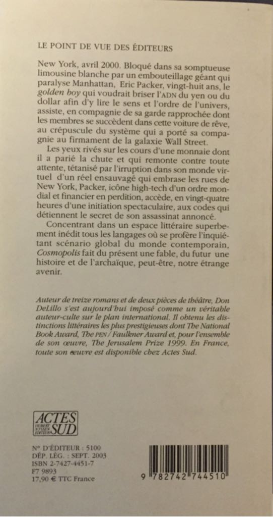 Cosmopolis - Don DeLillo (Actes Sud - Paperback) book collectible [Barcode 9782742744510] - Main Image 2