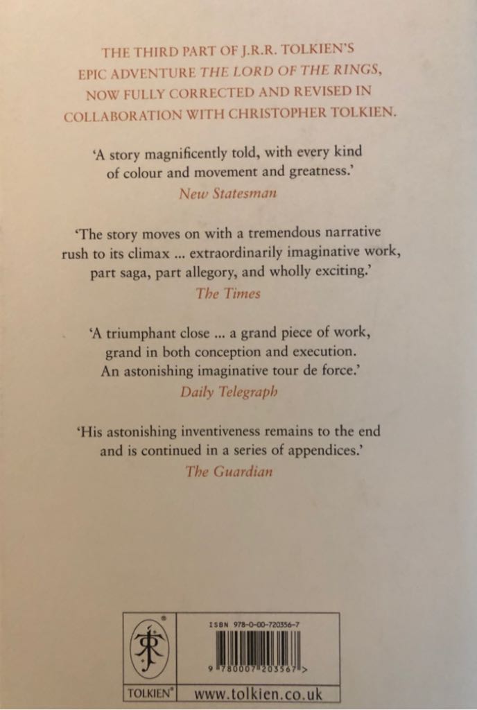 Lord of the Rings 3: The Return of the King - J.R.R. Tolkien (Harper Collins Publisher - Hardcover) book collectible [Barcode 9780007203567] - Main Image 2