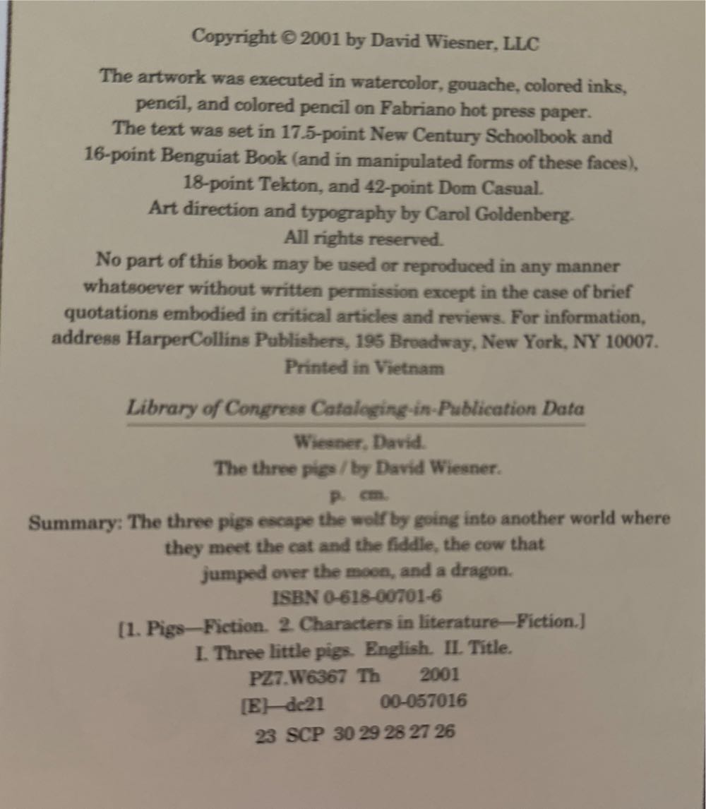 The Three Pigs - David Wiesner (Clarion Books - Hardcover) book collectible [Barcode 9780618007011] - Main Image 3