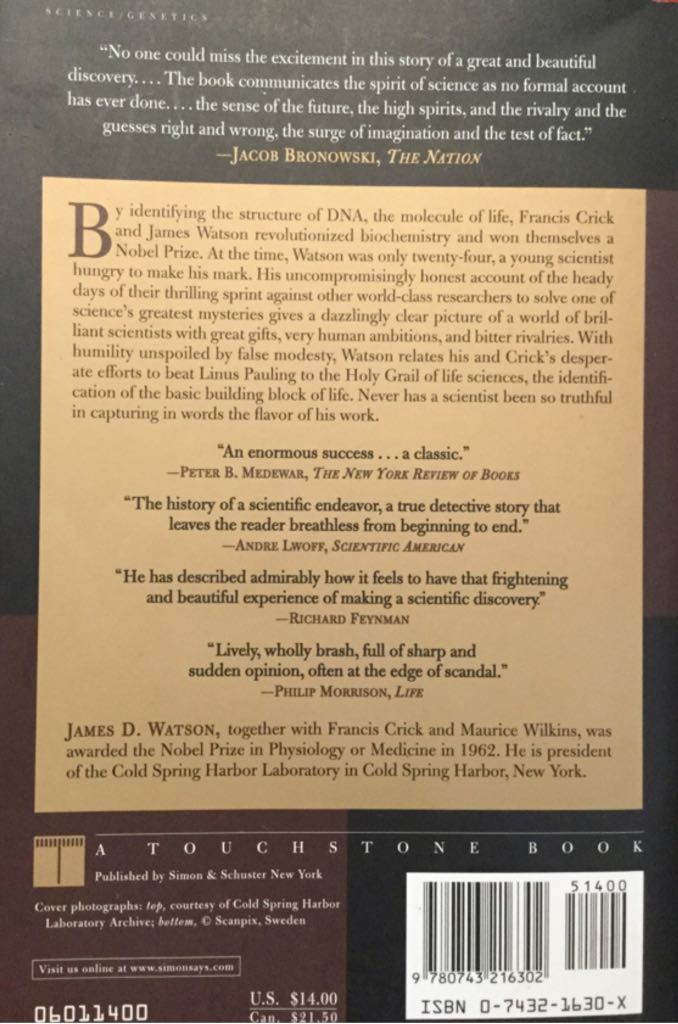 The Double Helix - James D. Watson (Kingsport Press, Inc - Paperback) book collectible [Barcode 9780743216302] - Main Image 2