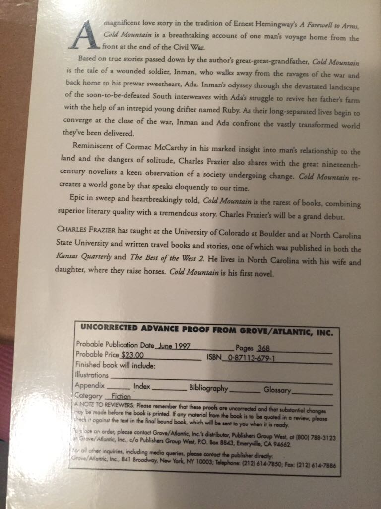 Cold Mountain - Charles Frazier (Atlantic Monthly Press - Hardcover) book collectible [Barcode 9780871136794] - Main Image 2