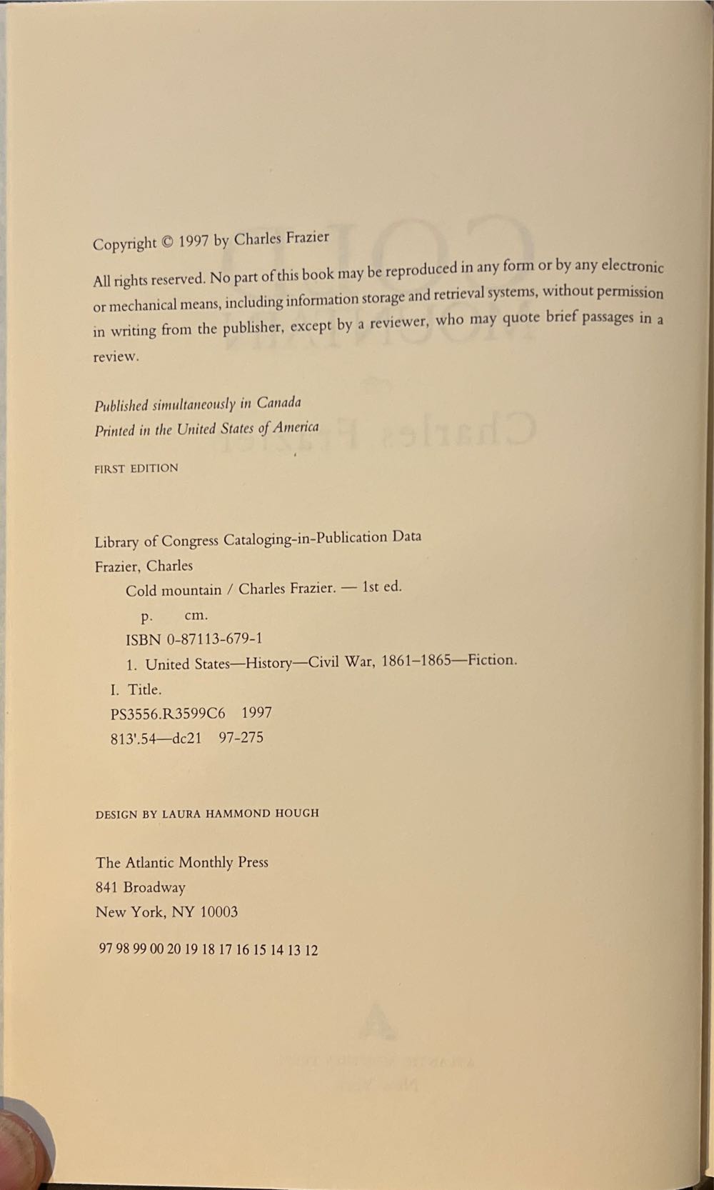 Cold Mountain - Charles Frazier (Atlantic Monthly Press - Hardcover) book collectible [Barcode 9780871136794] - Main Image 3