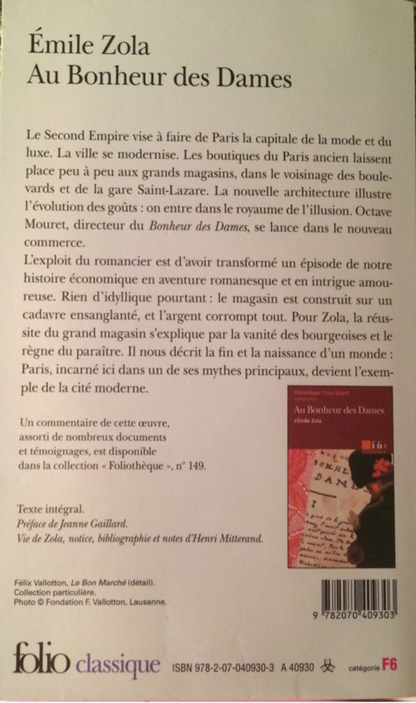 Au Bonheur des Dames - Émile Zola (Editions Gallimard - Paperback) book collectible [Barcode 9782070409303] - Main Image 2