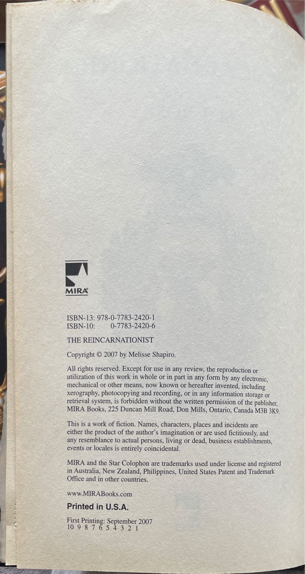 The Reincarnationist - M.J. Rose (Mira Books - Hardcover) book collectible [Barcode 9780778324201] - Main Image 4