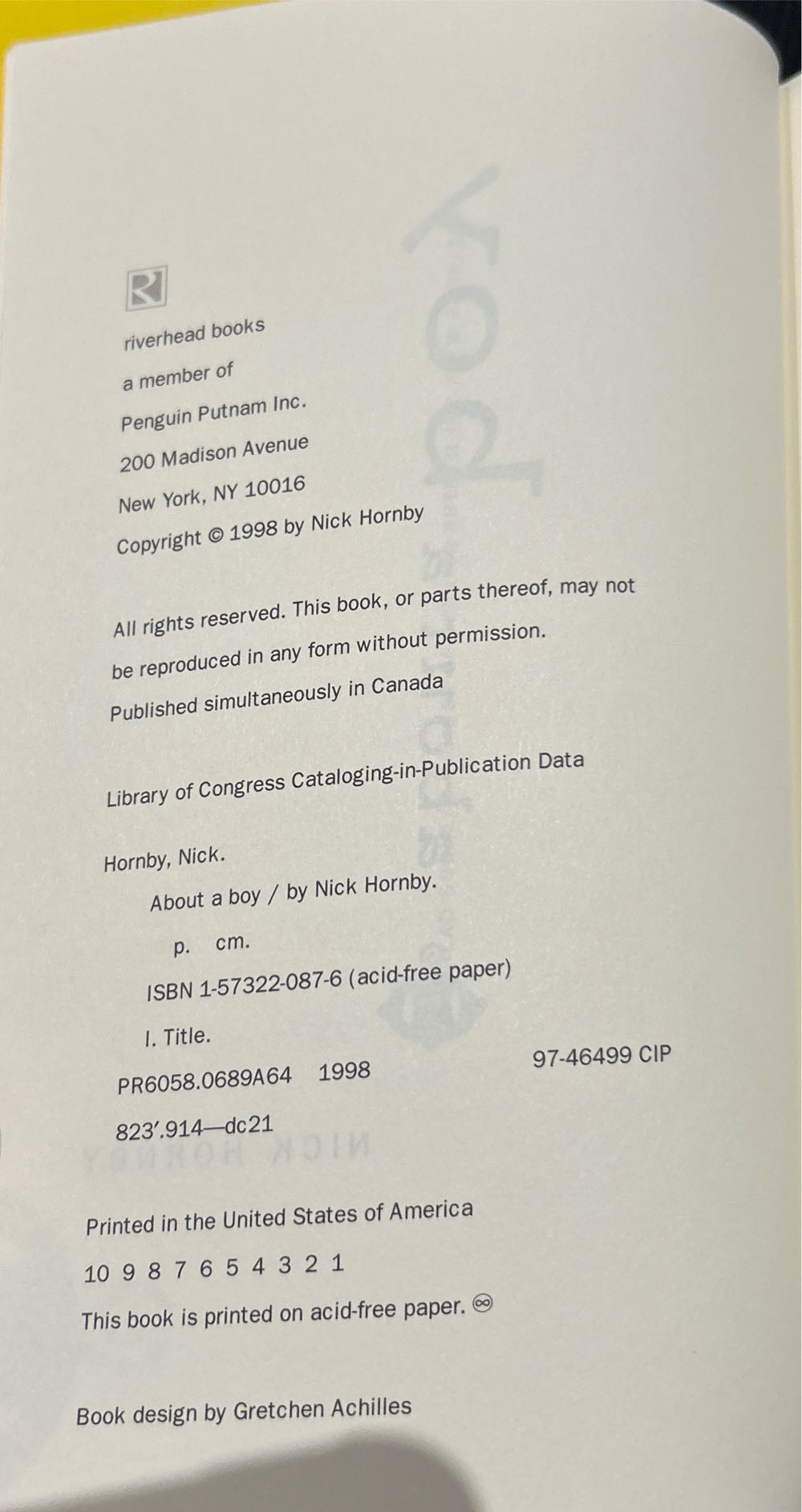 About A Boy - Nick Hornby (Riverhead Books (Hardcover) - Hardcover) book collectible [Barcode 9781573220873] - Main Image 3