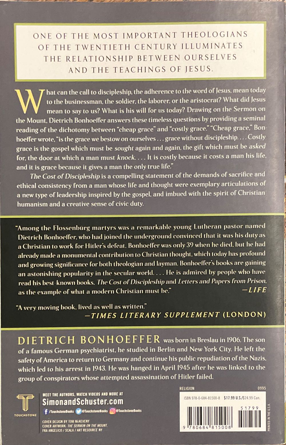 The Cost Of Discipleship - Dietrich Bonhoeffer (Simon & Schuster - Paperback) book collectible [Barcode 9780684815008] - Main Image 2