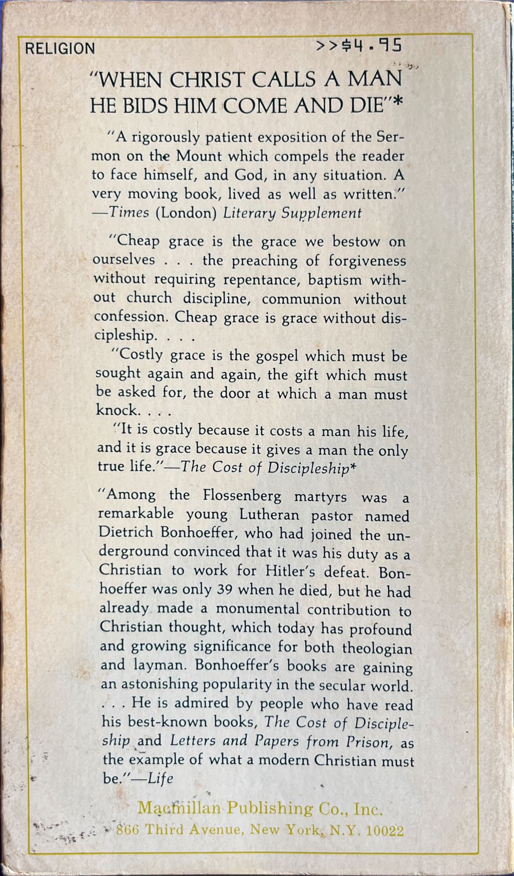 The Cost Of Discipleship - Dietrich Bonhoeffer (MacMillan Publishing Co. - Paperback) book collectible - Main Image 2