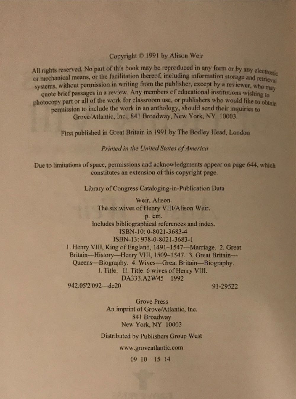 The Six Wives Of Henry VIII - Alison Weir (Grove Pr - Paperback) book collectible [Barcode 9780802136831] - Main Image 3