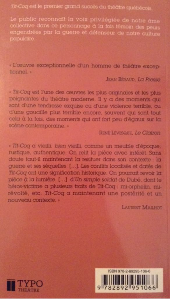 Tit-Coq - Gratien Gélinas (Typo - Paperback) book collectible [Barcode 9782892951066] - Main Image 2