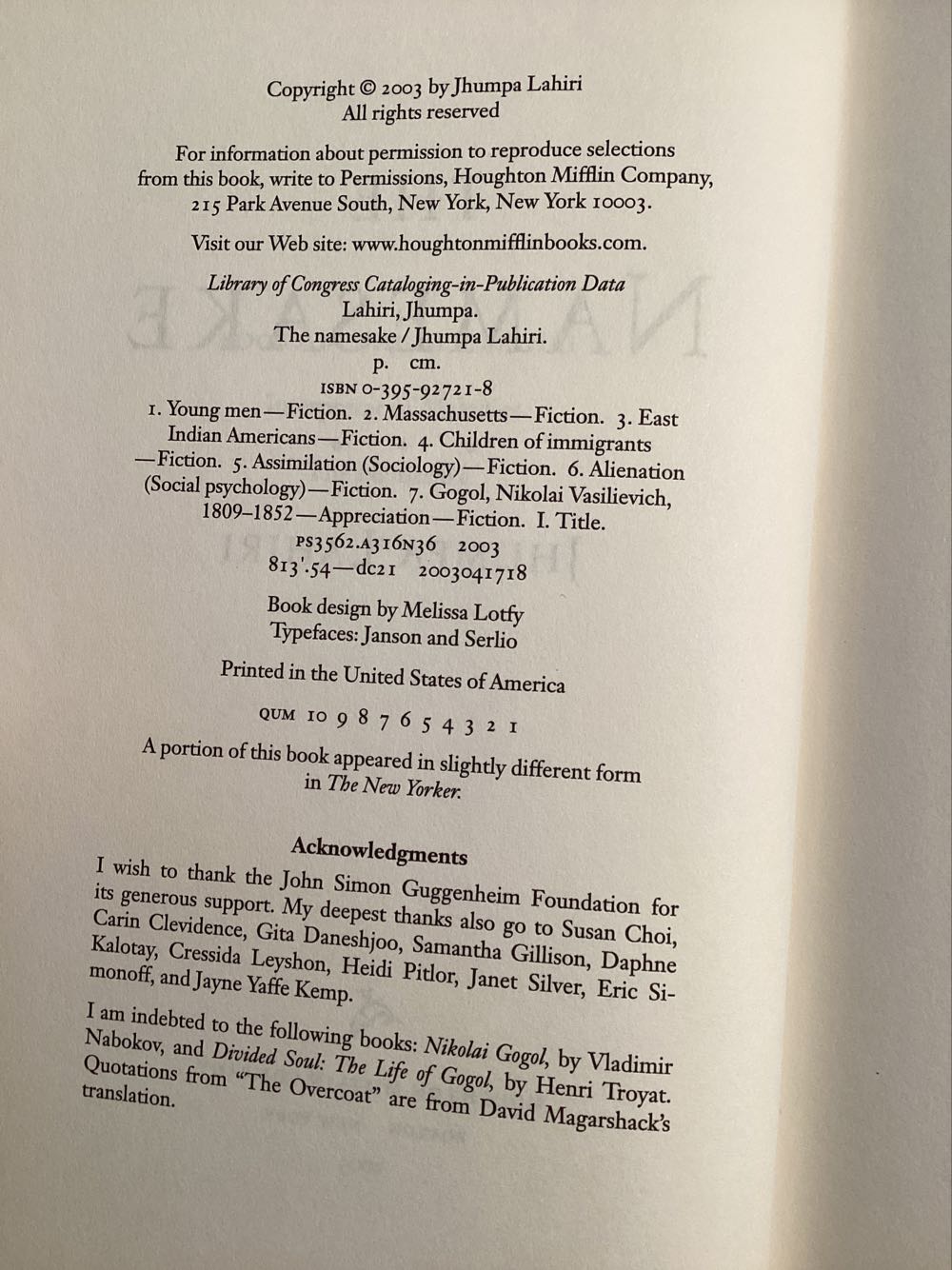 The Namesake - Jhumpa Lahiri (Houghton Mifflin Harcourt - Hardcover) book collectible [Barcode 9780395927212] - Main Image 2